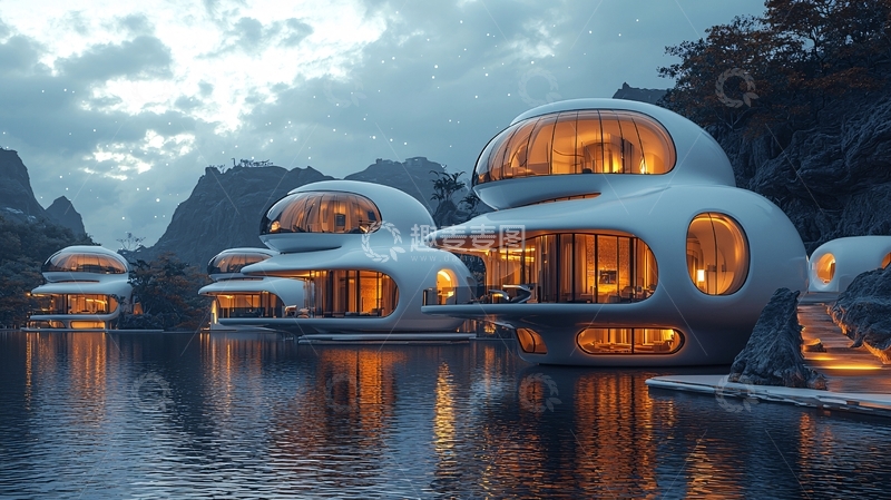 高清大图下载【趣麦麦图】未来风格水上别墅群