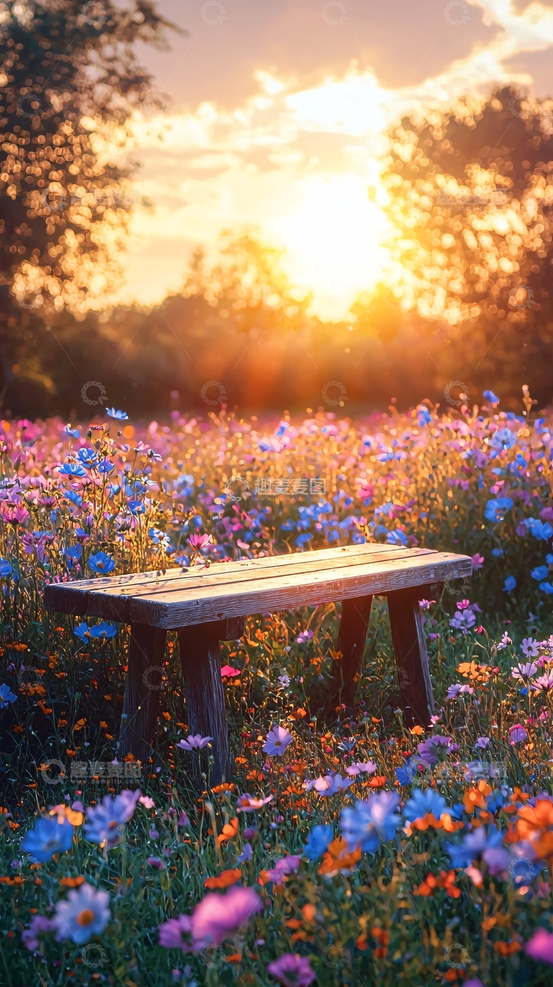 高清大图下载【趣麦麦图】花海中的长椅
