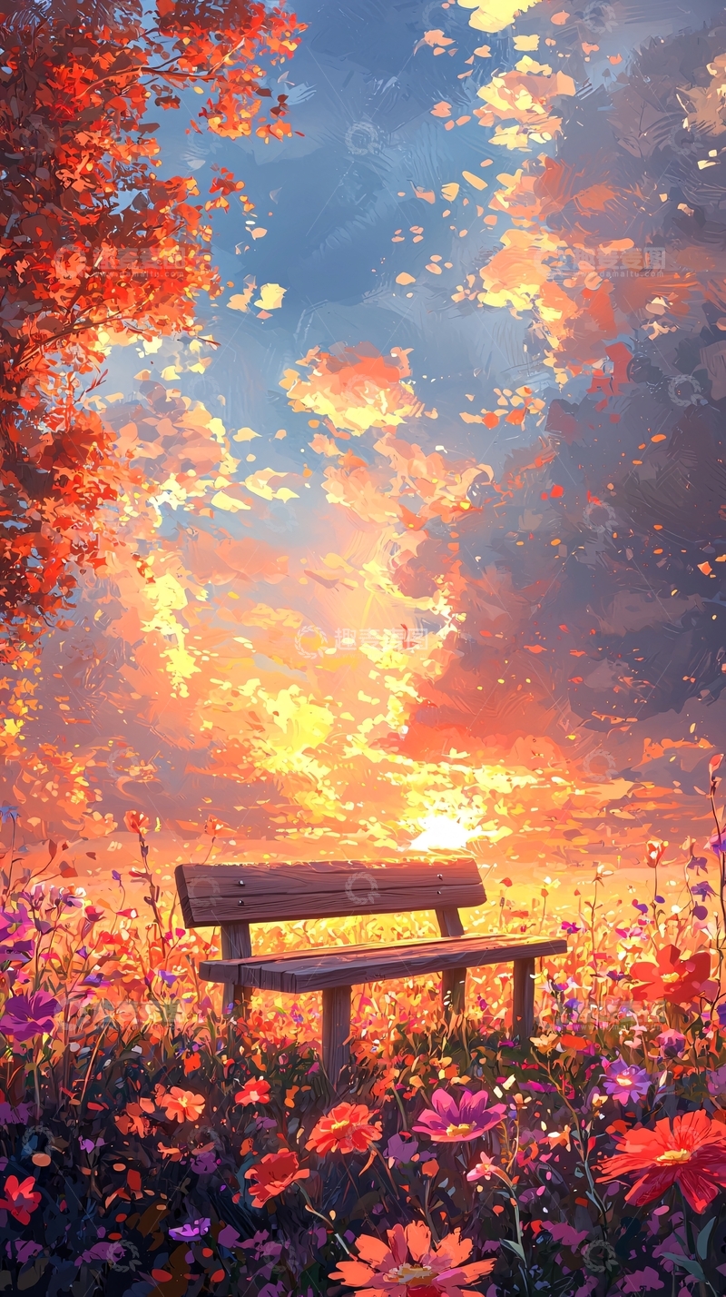 高清大图下载【趣麦麦图】秋日落日下的长椅