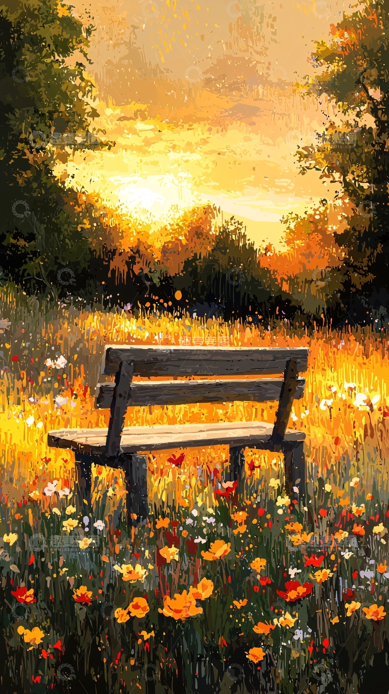 高清大图下载【趣麦麦图】夕阳下的长椅