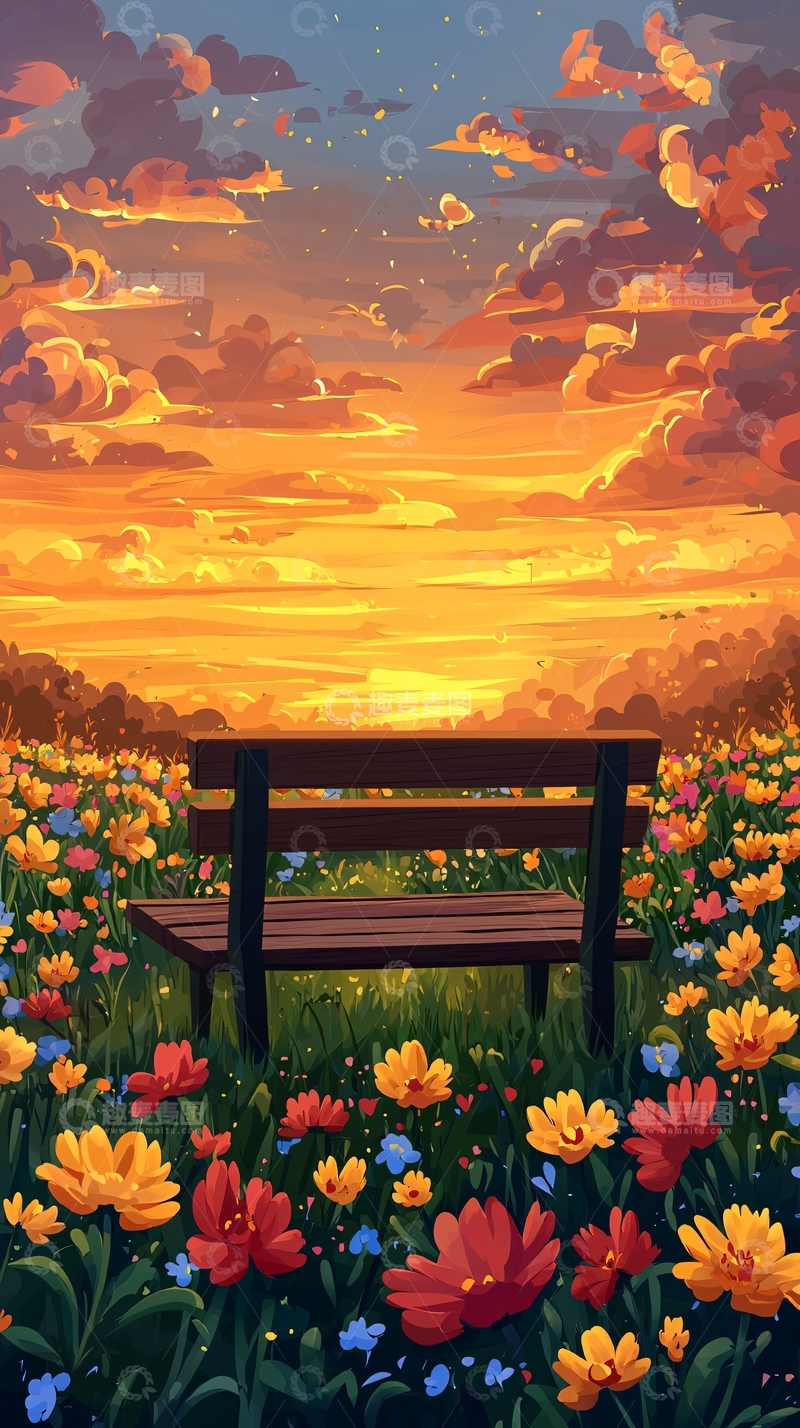 高清大图下载【趣麦麦图】绚丽晚霞下的花田长椅