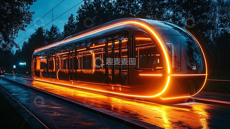 高清大图下载【趣麦麦图】夜间灯光下的未来派电车