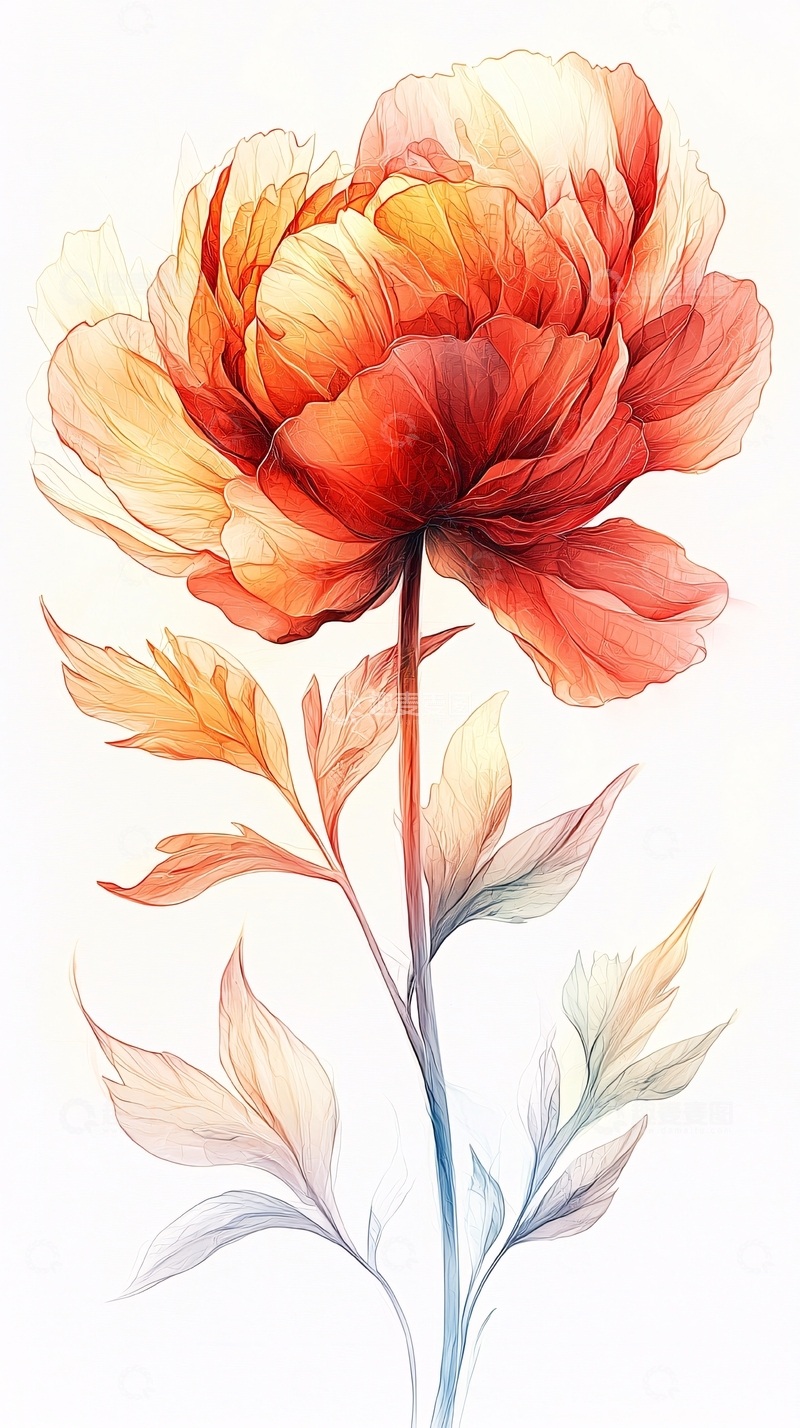 高清大图下载【趣麦麦图】红色牡丹花朵水彩画