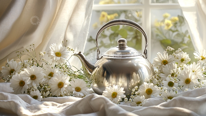 高清大图下载【趣麦麦图】茶壶与雏菊的静物