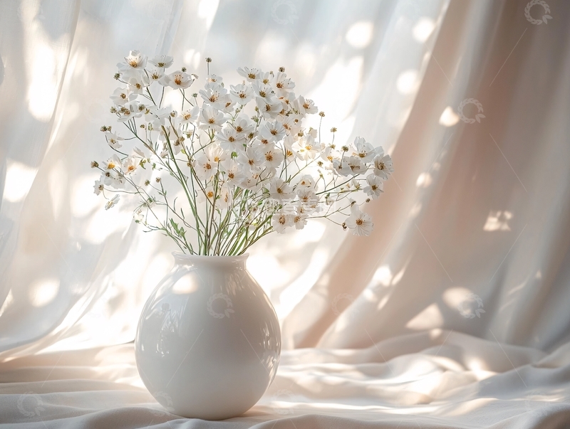 高清大图下载【趣麦麦图】窗边白色花瓶里的白色小花束