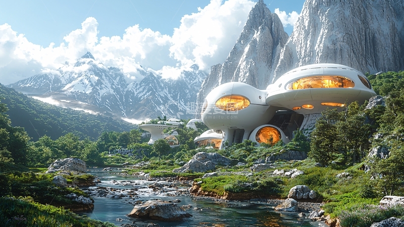 高清大图下载【趣麦麦图】未来山谷中的科幻住宅
