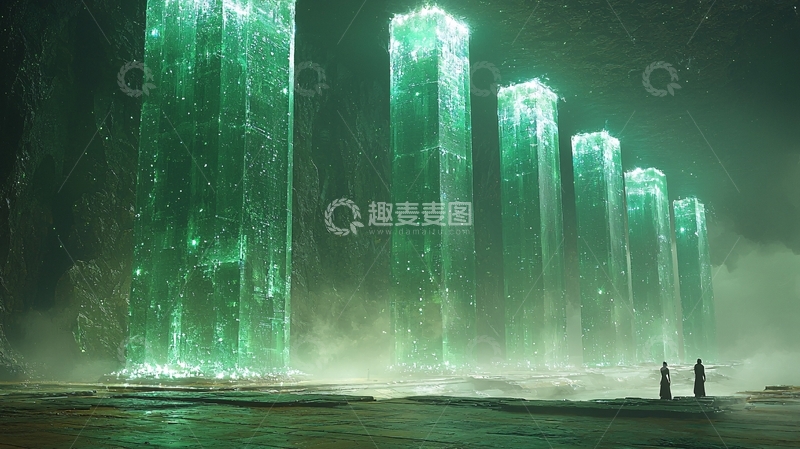 高清大图下载【趣麦麦图】夜幕下发光的绿色水晶柱