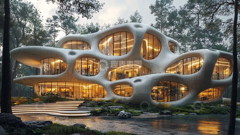 高清大图下载【趣麦麦图】森林中的白色流线型建筑