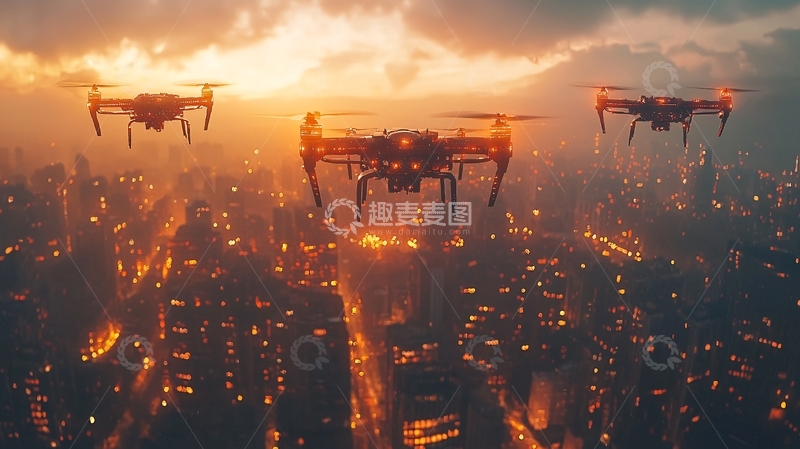 高清大图下载【趣麦麦图】夕阳下城市上空的三架无人机