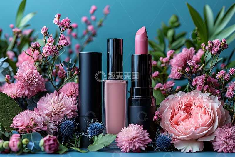 高清大图下载【趣麦麦图】化妆品与粉色鲜花静物