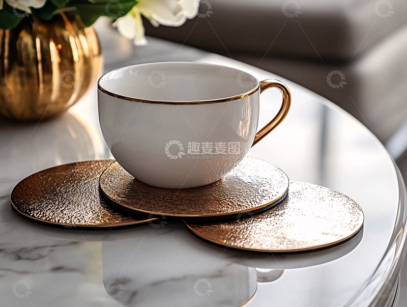 高清大图下载【趣麦麦图】金边白瓷杯与金色杯垫