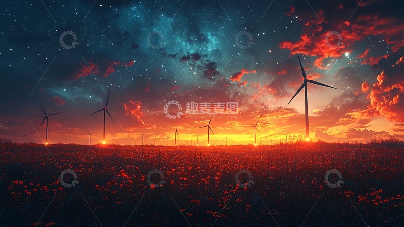高清大图下载【趣麦麦图】燃情风力发电机星空草原