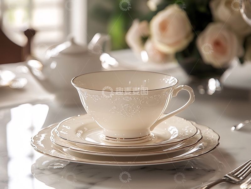 高清大图下载【趣麦麦图】精致茶具摆放在大理石桌面上