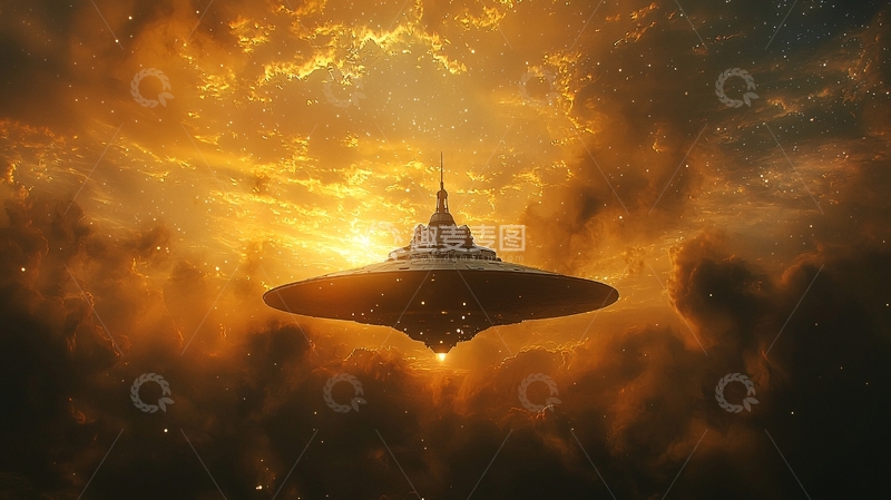 高清大图下载【趣麦麦图】飞碟悬浮在金色云层中