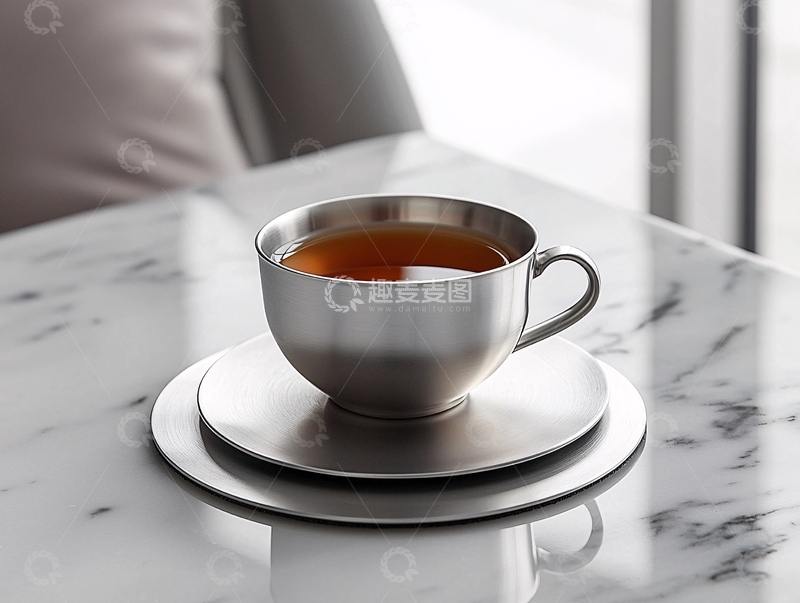 高清大图下载【趣麦麦图】不锈钢茶杯置于白色大理石
