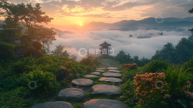 高清大图下载【趣麦麦图】日出时分的东方庭院