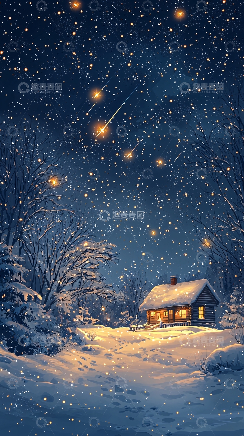 高清大图下载【趣麦麦图】冬夜雪景小屋