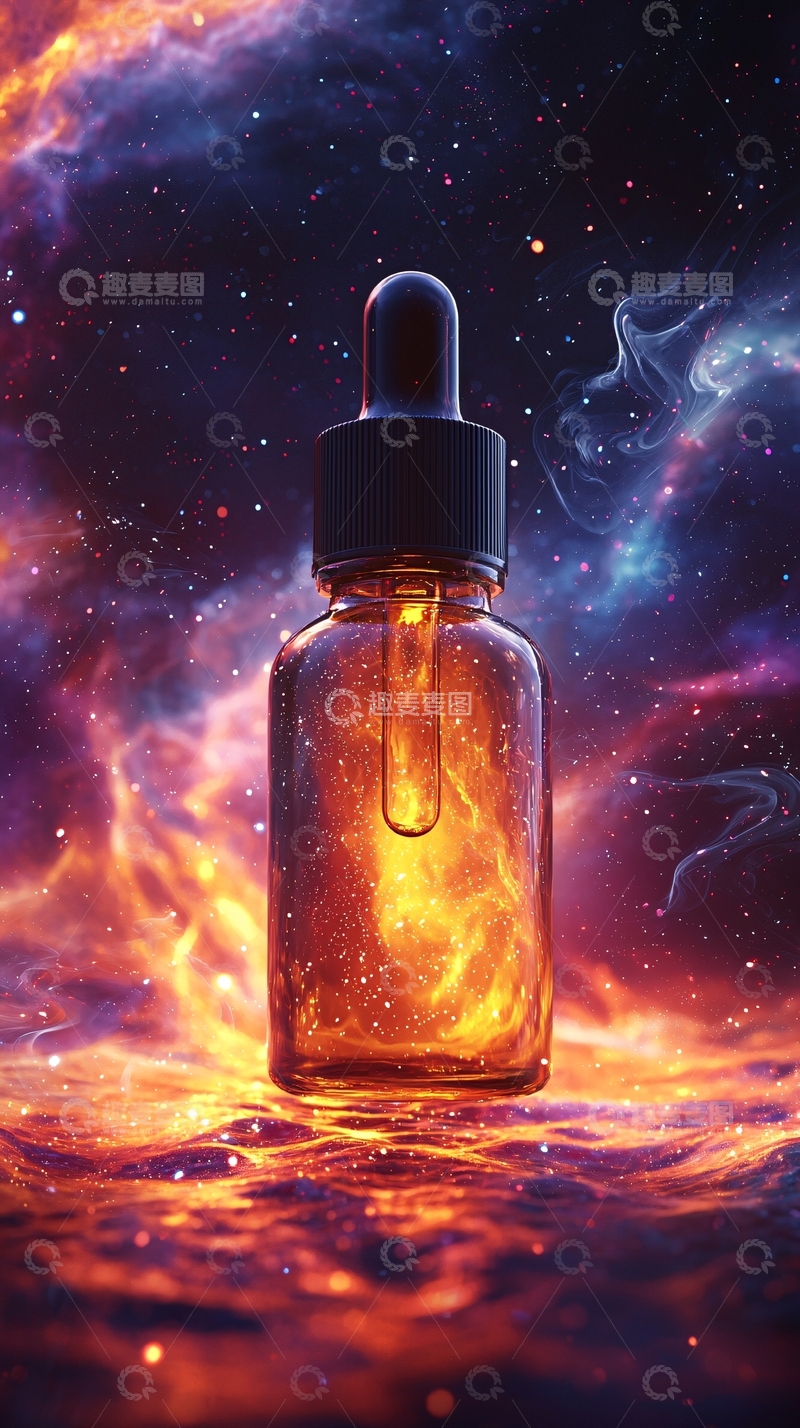 高清大图下载【趣麦麦图】液体瓶漂浮在星云背景中