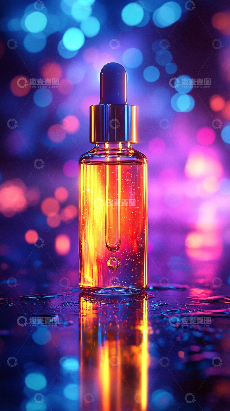 高清大图下载【趣麦麦图】梦幻霓虹灯下的精华液瓶