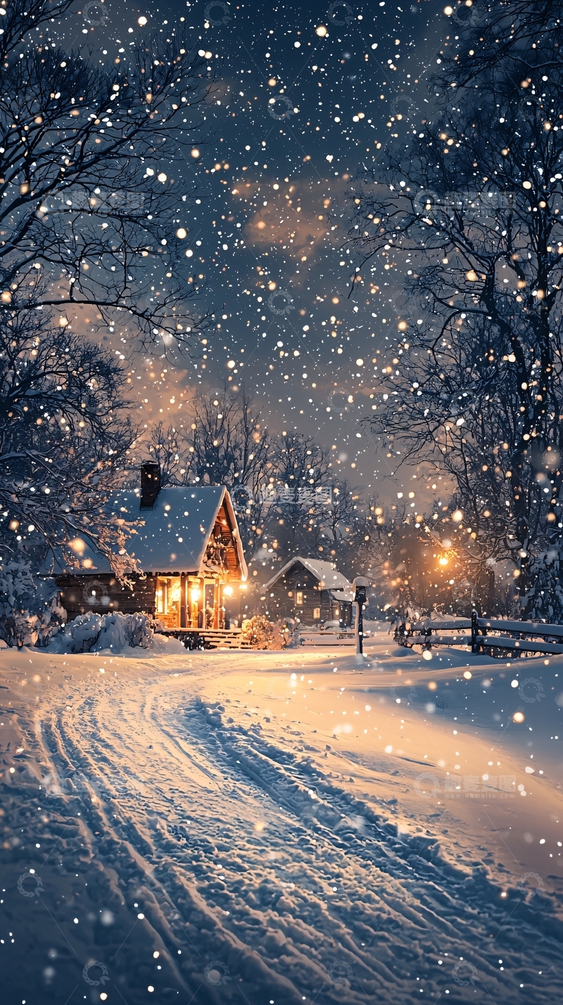 高清大图下载【趣麦麦图】雪夜小屋的温馨光芒