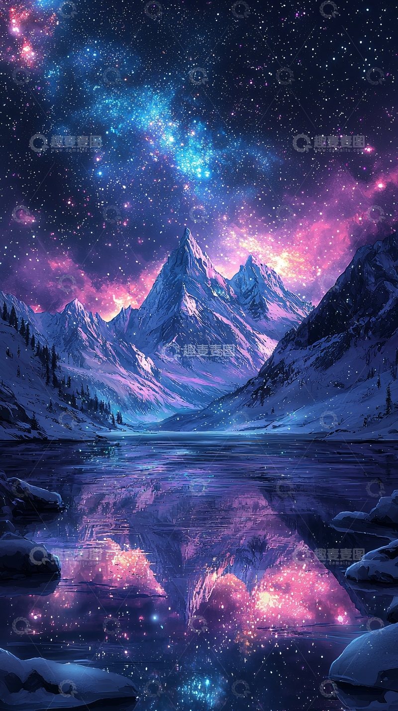 高清大图下载【趣麦麦图】梦幻星空雪山湖泊