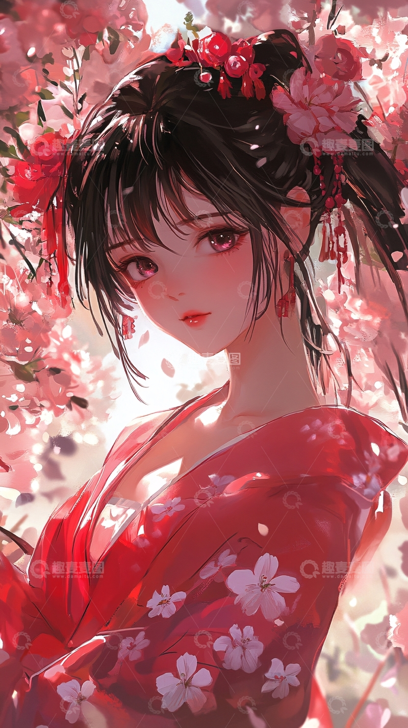 高清大图下载【趣麦麦图】樱花红衣少女
