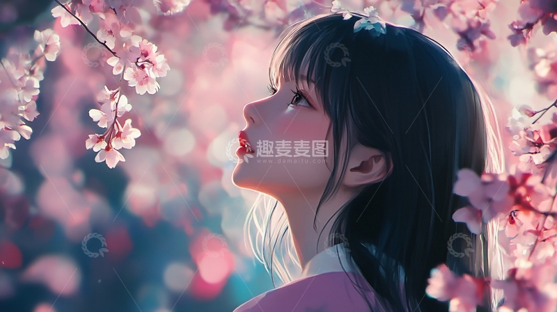高清大图下载【趣麦麦图】樱花树下女孩