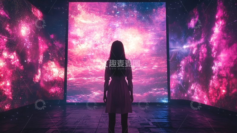 高清大图下载【趣麦麦图】女孩凝视粉色宇宙星云