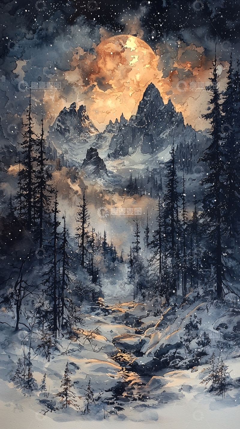 高清大图下载【趣麦麦图】水彩画风下的雪山月夜
