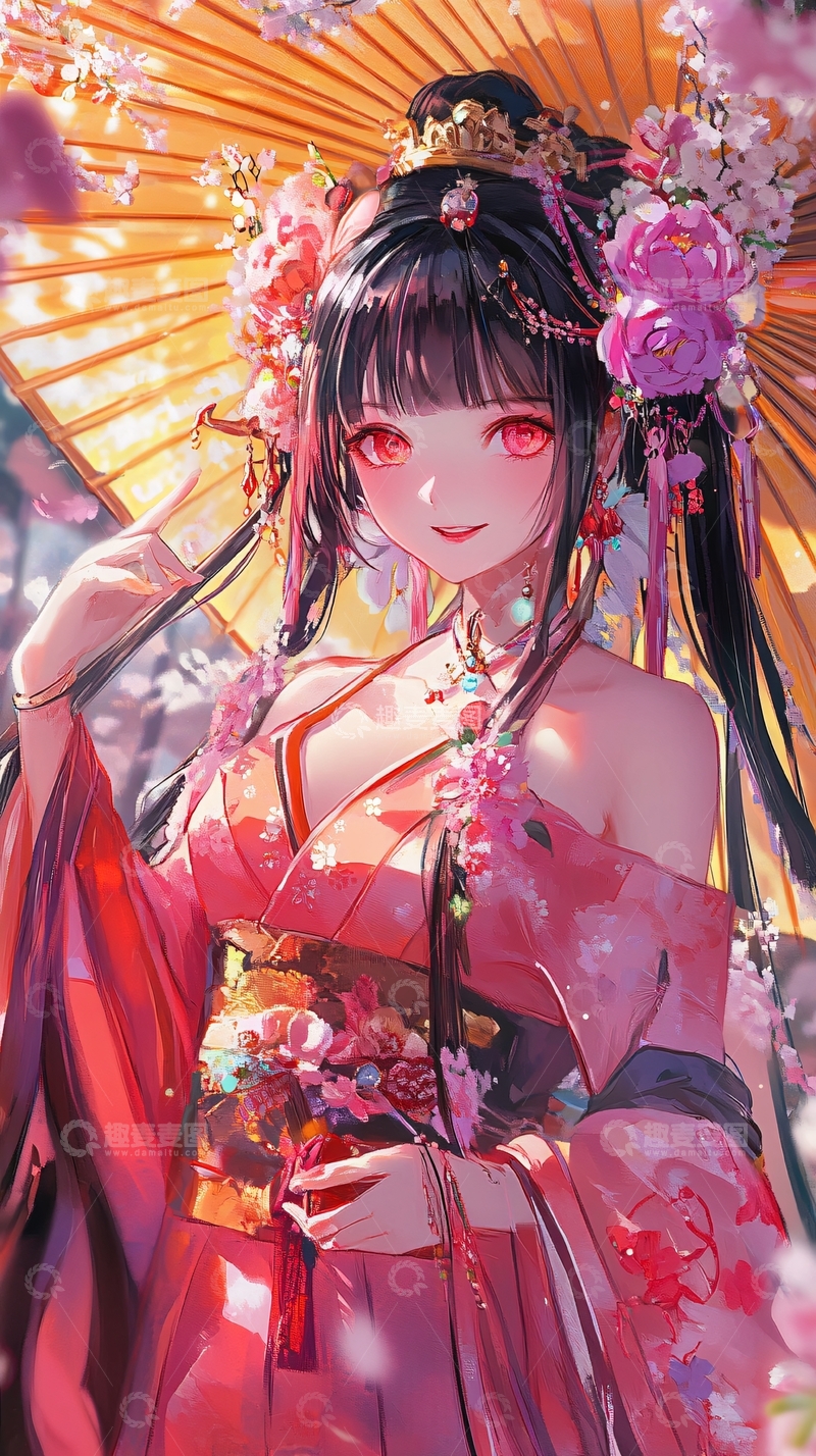 高清大图下载【趣麦麦图】红衣少女和风油纸伞