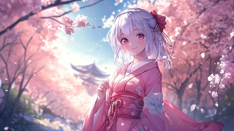 高清大图下载【趣麦麦图】樱花树下和服少女