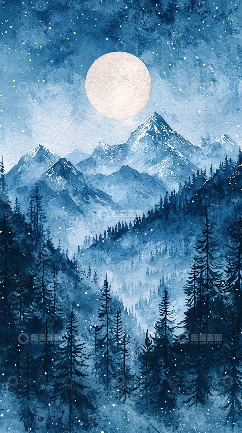 高清大图下载【趣麦麦图】冬日雪夜的月亮山景