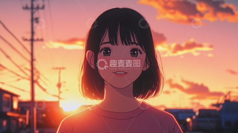 高清大图下载【趣麦麦图】夕阳下微笑的少女