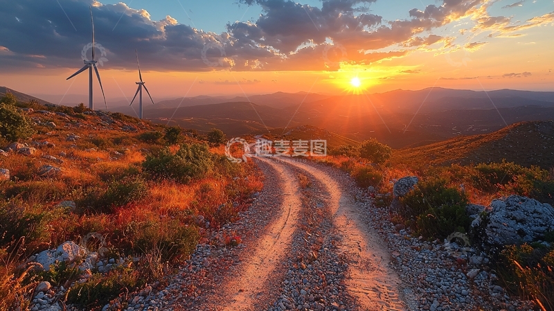 高清大图下载【趣麦麦图】落日余晖下的蜿蜒土路