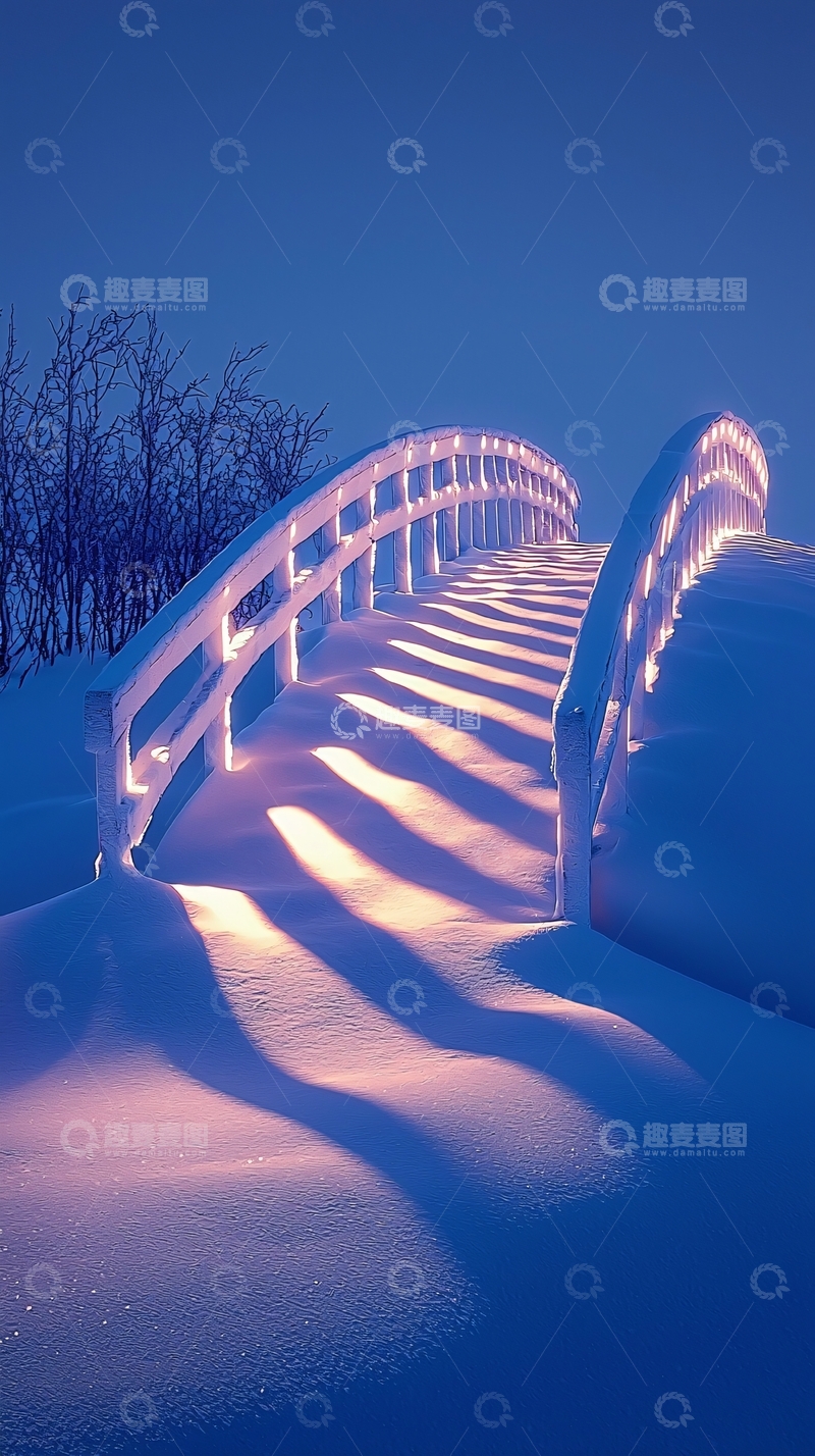高清大图下载【趣麦麦图】雪地里亮灯的桥梁