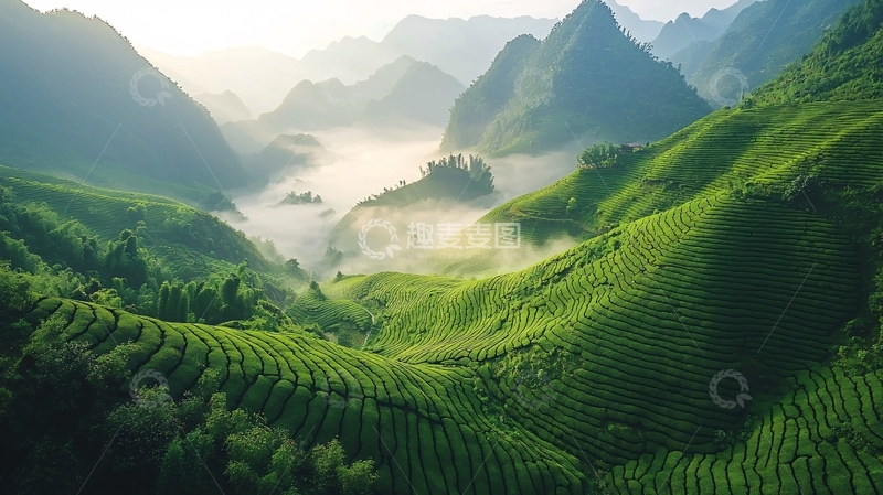 高清大图下载【趣麦麦图】绿色山谷中的茶园风光