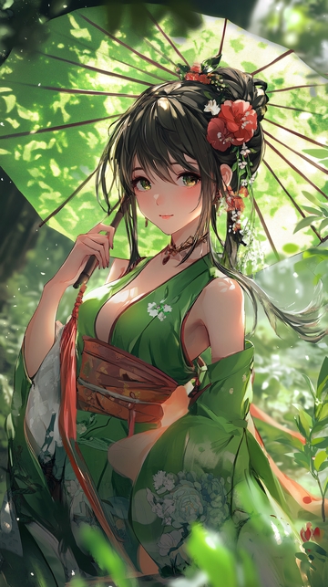 绿衣少女撑油纸伞