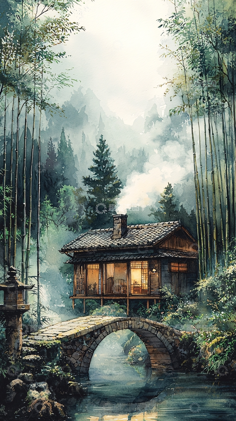 高清大图下载【趣麦麦图】林间小屋水墨画风
