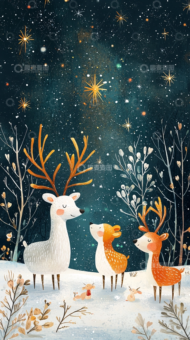 高清大图下载【趣麦麦图】水彩风格的圣诞鹿一家