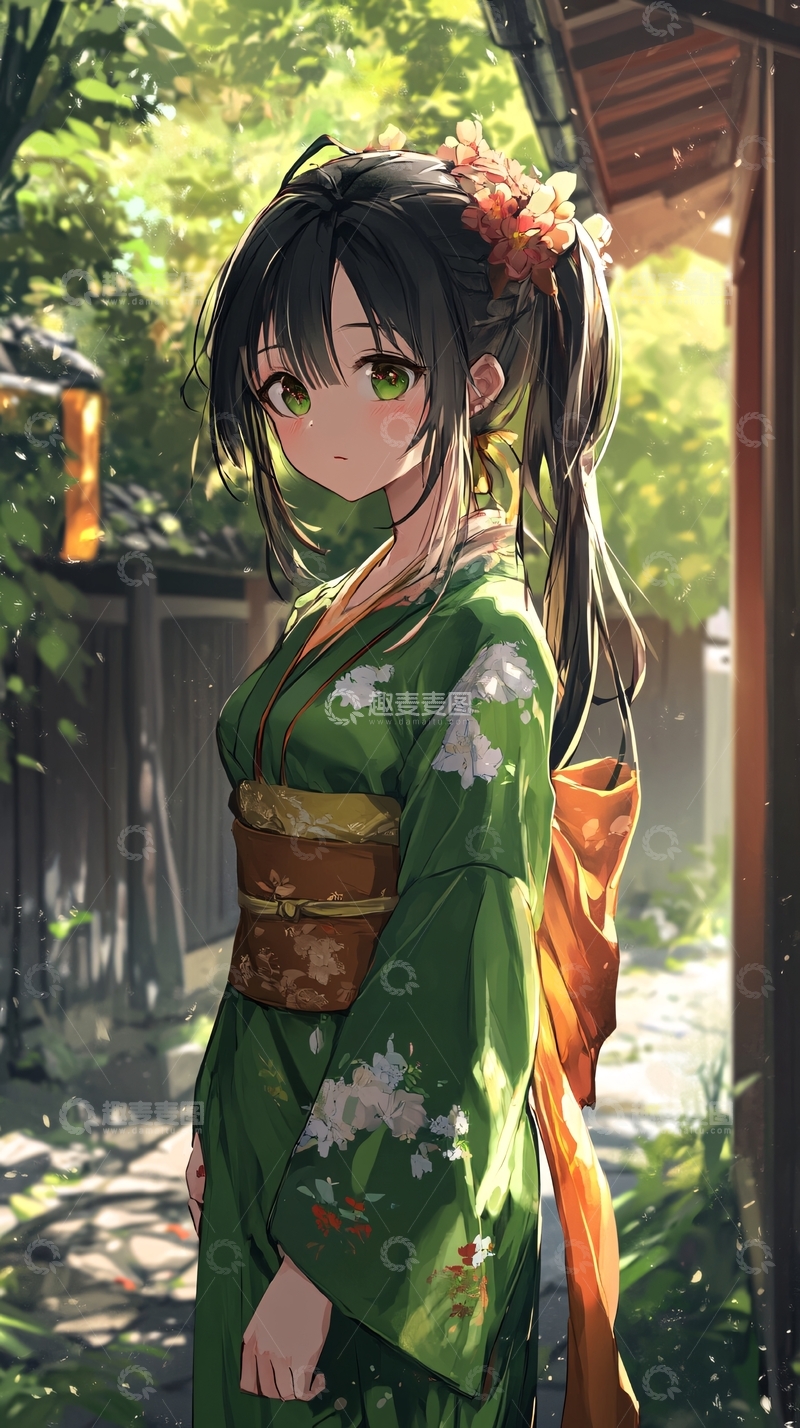 高清大图下载【趣麦麦图】绿衣和服少女