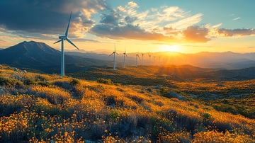 山峦日落风力发电