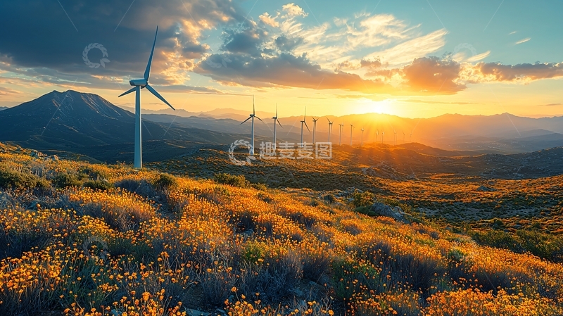 高清大图下载【趣麦麦图】山峦日落风力发电
