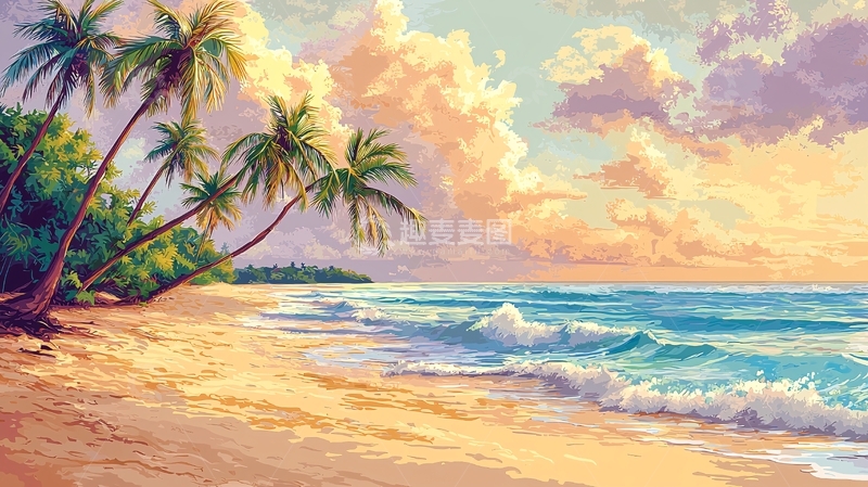 高清大图下载【趣麦麦图】热带海滩椰树日落风景