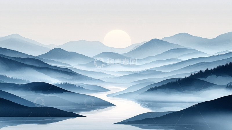 高清大图下载【趣麦麦图】水墨山水日出蓝调