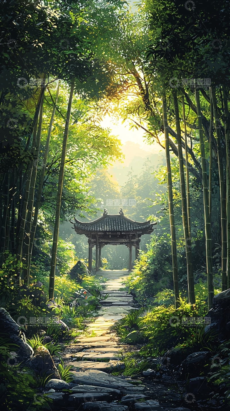 高清大图下载【趣麦麦图】竹林中的古建筑