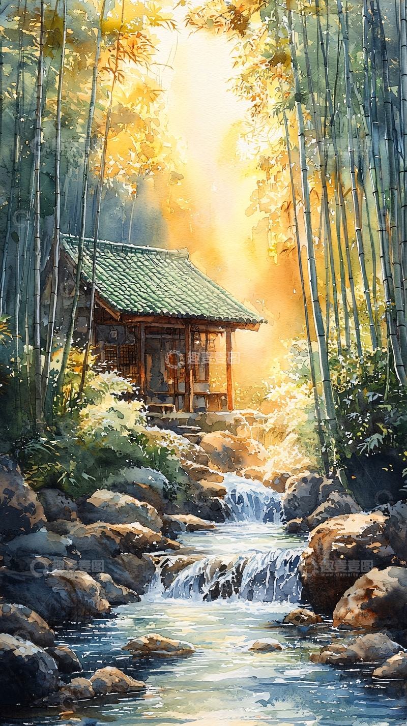 高清大图下载【趣麦麦图】竹林小屋溪流阳光水彩画