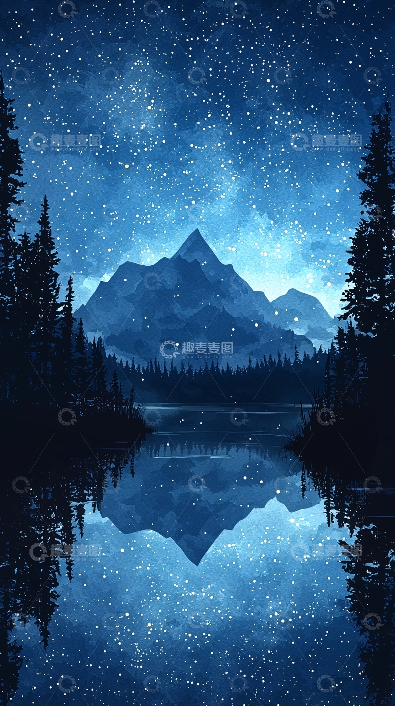 高清大图下载【趣麦麦图】夜晚星空下的宁静湖面山景