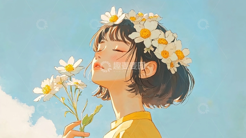 高清大图下载【趣麦麦图】戴雏菊花环的女孩