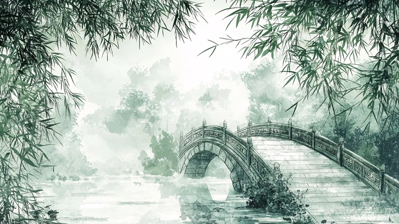 高清大图下载【趣麦麦图】水墨风的桥和竹林
