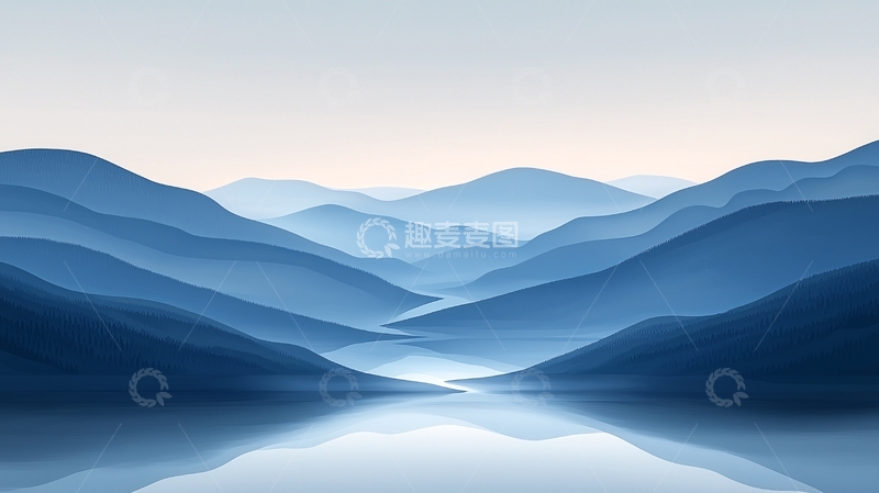 高清大图下载【趣麦麦图】蓝色水面倒影山脉风景